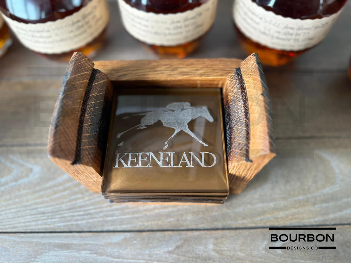 Personalized Glass Title Coaster Set Bourbon Barrel Stave Holder