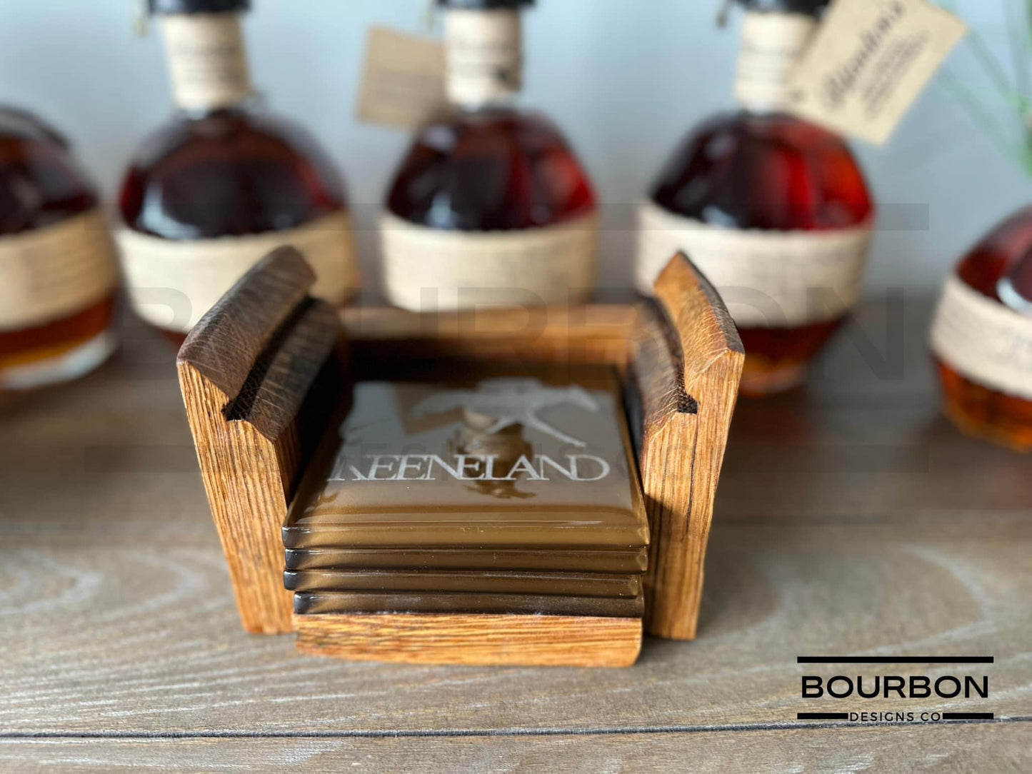 Personalized Glass Title Coaster Set Bourbon Barrel Stave Holder