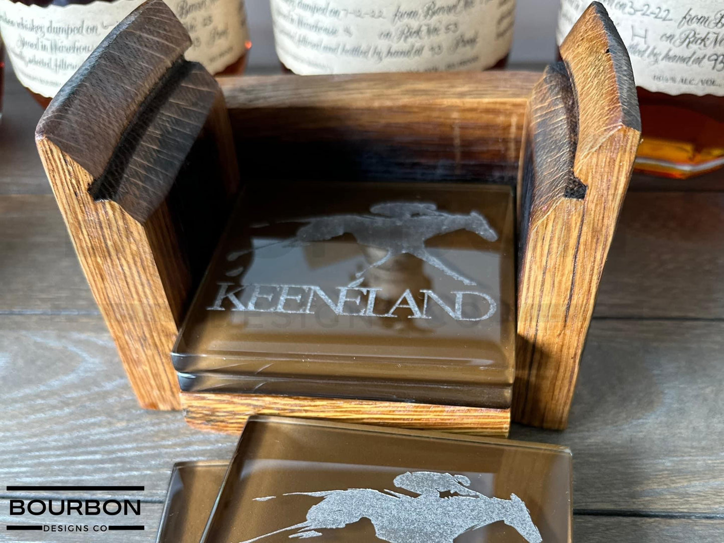 Personalized Glass Title Coaster Set Bourbon Barrel Stave Holder